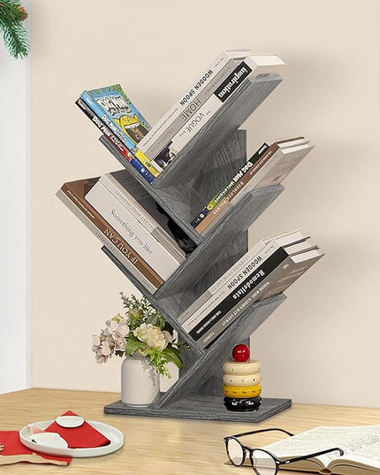 5 Tier Tree Book Shelf, Small Desktop Bookshelf with Storage Organizer, Wood Bookcase, Desk Display Bookshelves, Floor Standing Organizer Bookcases for Living Room,Bedroom,Office - Light Grey - LeafyLoom