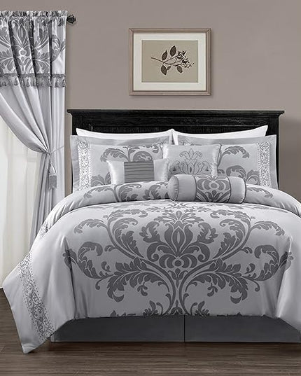 Chezmoi Collection 7-Piece Jacquard Floral Comforter Set (California King, Silver/Gray) - LeafyLoom