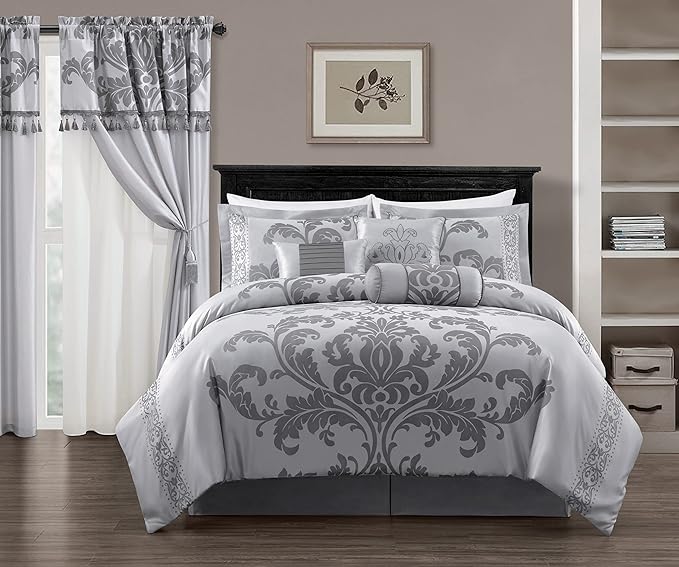 Chezmoi Collection 7-Piece Jacquard Floral Comforter Set (California King, Silver/Gray) - LeafyLoom