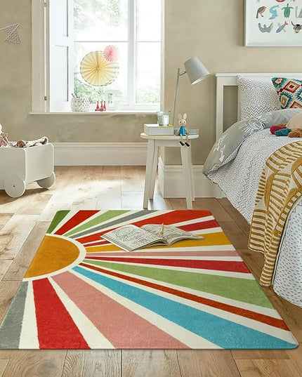 Boho Washable Rug 4'x6' Rug Kids Area Rug for Playroom, Non-Slip Kids Rug for Bedroom, Rainbow Modern Sun Carpet Soft Throw Sunshine Rug for Office Nursery Entryway Dorm - LeafyLoom