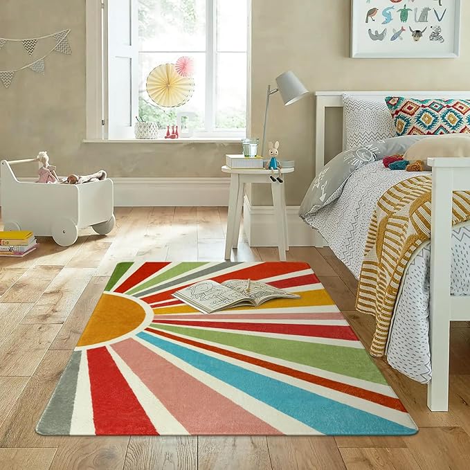 Boho Washable Rug 4'x6' Rug Kids Area Rug for Playroom, Non-Slip Kids Rug for Bedroom, Rainbow Modern Sun Carpet Soft Throw Sunshine Rug for Office Nursery Entryway Dorm - LeafyLoom
