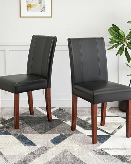 Soohow Upholstered Set of 2 with Solid Wood Legs Armless Indoor Dining Room, Kitchen Table Parson Chairs, Black Leather - LeafyLoom