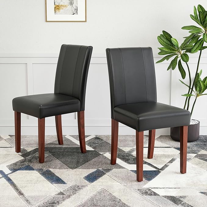 Soohow Upholstered Set of 2 with Solid Wood Legs Armless Indoor Dining Room, Kitchen Table Parson Chairs, Black Leather - LeafyLoom