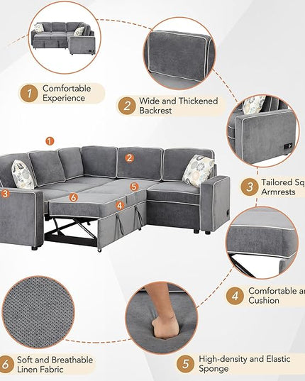 83“ L-Shape Sectional Sleeper Sofa with Pull out Bed, Linen Upholstered Convertible Couch w/ 3 Pillows, 2 Power Sockets &2 USB ports, for Living Room Apartment, 83 Inch, Dark Gray - LeafyLoom