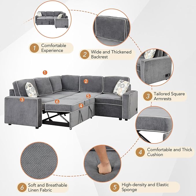 83“ L-Shape Sectional Sleeper Sofa with Pull out Bed, Linen Upholstered Convertible Couch w/ 3 Pillows, 2 Power Sockets &2 USB ports, for Living Room Apartment, 83 Inch, Dark Gray - LeafyLoom