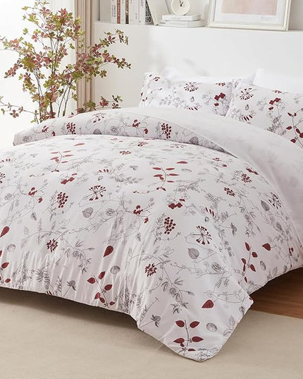 EMME Queen Comforter Set - Red Floral Bedding Set 7 PCS with Flowers Leaves Pattern, Soft Plant Printed Botanical Bed Set with Sheets, Fluffy Bed Bag for All Season(90"X90") - LeafyLoom