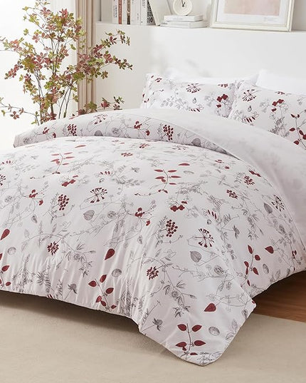 EMME Twin Comforter Set - Red Floral Bedding Set 5 PCS with Flowers Leaves Pattern, Soft Plant Printed Botanical Bed Set with Sheets, Fluffy Bed Bag for All Season(68"X90") - LeafyLoom