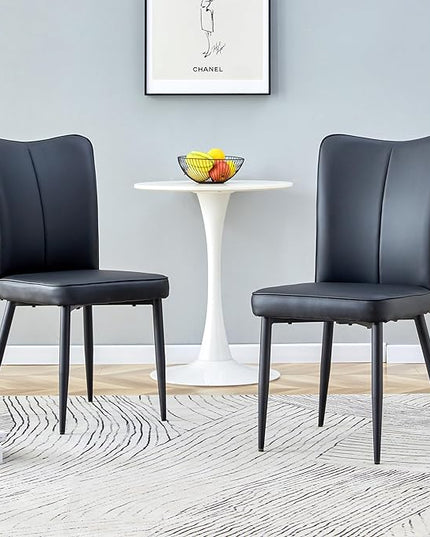Modern Dining Chairs Set of 2, PU Leather Seat Cushions Black Dining Room Chair, with Black Metal Legs Kitchen Chair for Home Living Room, Restaurant, Black Chair Black Legs - LeafyLoom