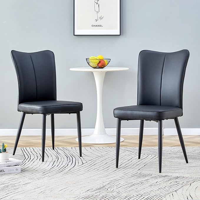 Modern Dining Chairs Set of 2, PU Leather Seat Cushions Black Dining Room Chair, with Black Metal Legs Kitchen Chair for Home Living Room, Restaurant, Black Chair Black Legs - LeafyLoom