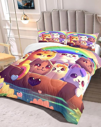 Kids Cat Comforter Set - Cat Bedding Set Full Size Cat Comforter Cartoon Cat Rainbow Printed Bedding Sets for Kids Girls Kawaii Cat Quilt Set, 1 Comforter+2 Pillowcases - LeafyLoom