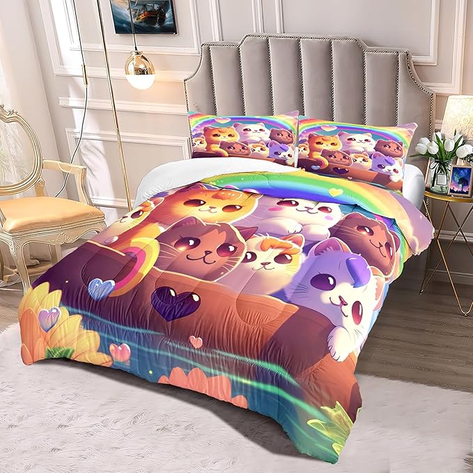 Cat Bedding Set Queen Size, Cartoon Cat Comforter Set, Lovely Animal Pattern and Rainbow Prints Bedding Sets for Kids Girls Kawaii Cat Queen Size Quilt Sets with 2 Pillowcases - LeafyLoom