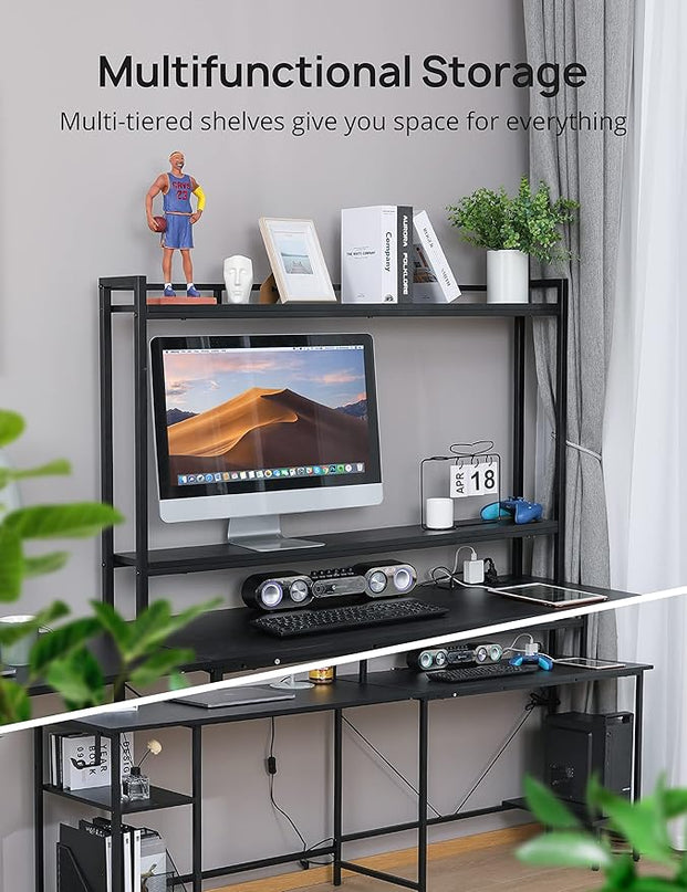 Evajoy L Shaped Computer Desk with Power Outlets and USB Ports, Reversible L-Shaped Corner Gaming Desk with Storage Shelves, 94.5’’ Industrial 2 Person Home Office Desk with Monitor Stand for Home - LeafyLoom