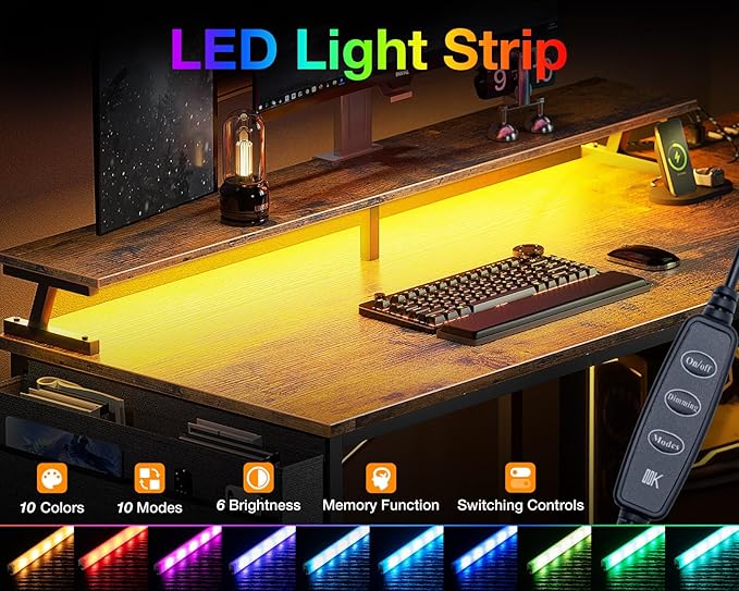 ODK 40 Inch Gaming Desk with USB Charging Ports and LED Lights, Reversible L Shaped Computer Desk with Storage Shelves & Monitor Stand, Corner Home Office Desk Table with Power Outlets, Vintage - LeafyLoom