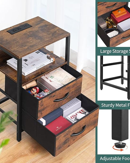 Yoobure Nightstand with Charging Station, LED Night Stand with Fabric Drawers and Storage Shelf for Bedroom, Nightstands Bedside Tables with USB Ports & Outlets, Small Night Stands, Bed Side Table - LeafyLoom