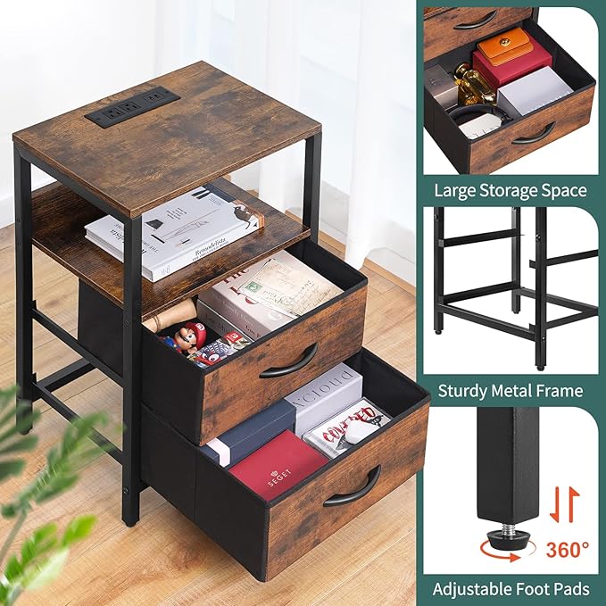 Yoobure Nightstand with Charging Station, LED Night Stand with Fabric Drawers and Storage Shelf for Bedroom, Nightstands Bedside Tables with USB Ports & Outlets, Small Night Stands, Bed Side Table - LeafyLoom