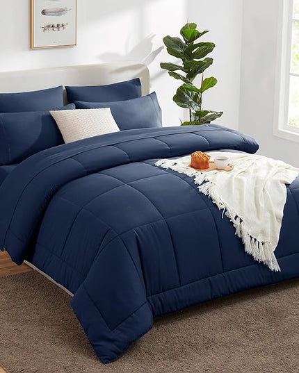 CozyLux Full Size Comforter Sets - 7 Pieces Bed in a Bag Set Navy Blue, Bedding Sets Full with All Season Quilted Comforter, Flat Sheet, Fitted Sheet, Pillowcases, Navy Blue, Full - LeafyLoom