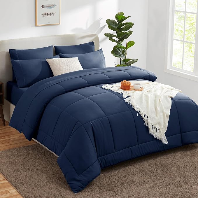 CozyLux King Size Comforter Set - 7 Pieces Bed in a Bag Set Navy Blue, King Bedding Set with All Season Quilted Comforter, Flat Sheet, Fitted Sheet, Pillowcases - LeafyLoom