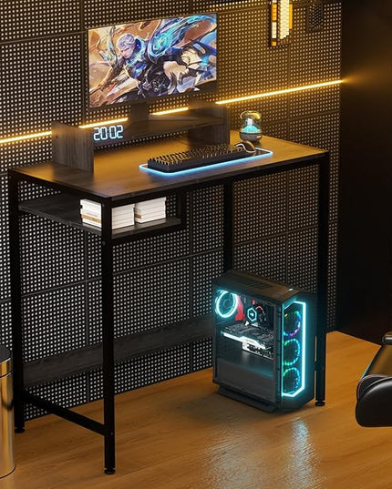 Computer Desk - 32 Inch Home Office Desk with Storage, Gaming Desk with Monitor Stand, Modern Simple Study Table, Adjustable Storage Space, Black - LeafyLoom