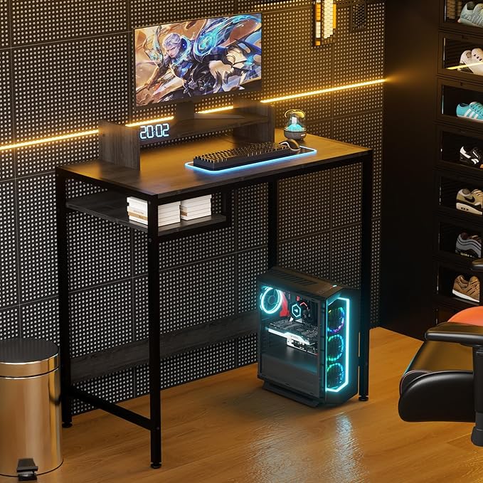 Computer Desk - 32 Inch Home Office Desk with Storage, Gaming Desk with Monitor Stand, Modern Simple Study Table, Adjustable Storage Space, Black - LeafyLoom