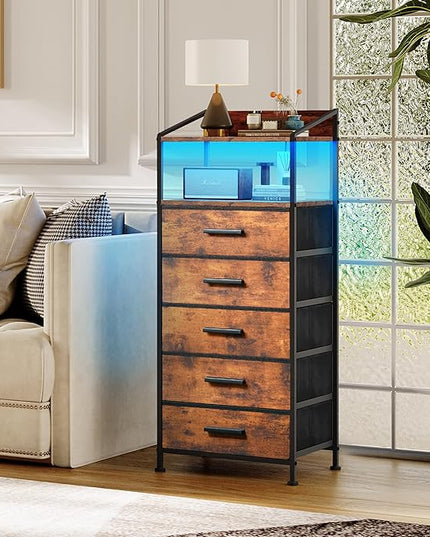 Nightstand 5 Drawer Dresser with LED Lights and Charging Station, Vertical Side Table with Fabric Drawers, End Table with Open Shelf, Tall Dresser for Bedroom, Hallway, Entryway, Rustic Brown - LeafyLoom