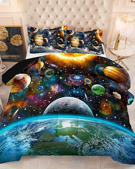 Tailor Shop 5 Pcs Outer Space Comforter Sets Queen Bed in A Bag for Teen Boys Kids,Galaxy Bedding Set with Space Sheets Fitted Bed Sheet (1 Comforter, 1 Flat Sheet, 1 Fitted Sheet, 2 Pillowcases) - LeafyLoom
