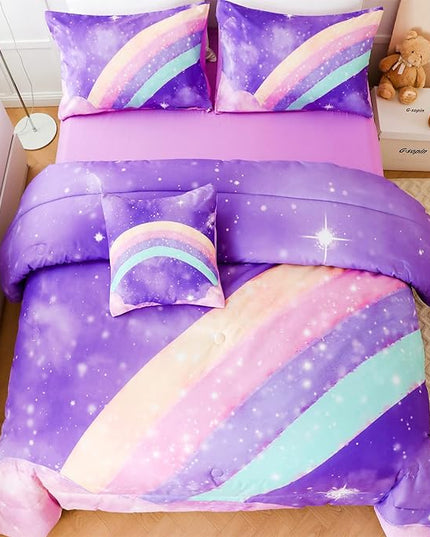 Purple Rainbow Girls Comforter Set Twin, 6 Pieces Gradient Glitter Bedding Sets for Girls Kids, 3D Galaxy Nebula Kids Girls Bed Set with Sheets for All Season - LeafyLoom