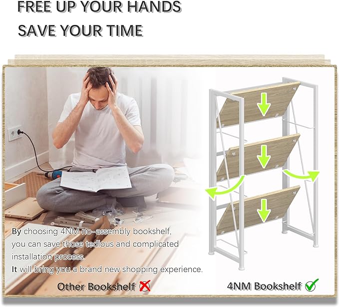 4NM No-Assembly Folding Bookshelf Storage Shelves 3 Tiers Vintage Bookcase Standing Racks Study Organizer Home Office (Natural and White) - LeafyLoom