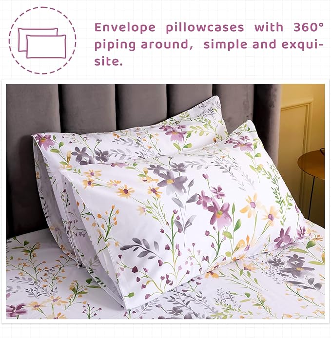 QSH 100% Egyptian Cotton Cal King Sheets, Yellow Flower Plant Pattern Botanical Luxury Cotton Printed Flower California King Bedding Sheets, 4pcs Deep Pocket California King Floral Bed Sheet Set - LeafyLoom