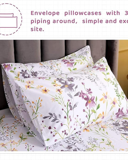 QSH 100% Cotton Sheets for Split King Size Bed - Floral Plant Pattern Botanical Luxury Cotton Printed Floral Bedding King Size Sheet with Deep Pockets 17" Soft and Breathable 5pcs - LeafyLoom