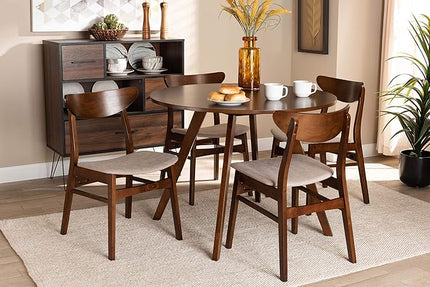 Baxton Studio Philip Mid-Century Modern Transitional Light Beige Fabric Upholstered and Walnut Brown Finished Wood 5-Piece Dining Set - LeafyLoom