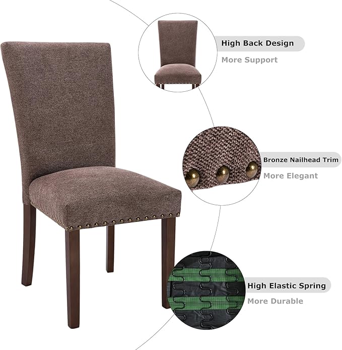 COLAMY Upholstered Parsons Dining Chairs Set of 2, Fabric Dining Room Kitchen Side Chair with Nailhead Trim and Wood Legs - Brown - LeafyLoom