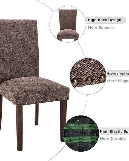 COLAMY Upholstered Parsons Dining Chairs Set of 4, Fabric Dining Room Kitchen Side Chair with Nailhead Trim and Wood Legs - Brown - LeafyLoom