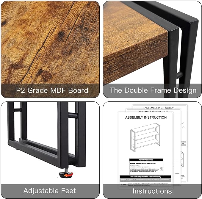 3-Tier Rustic Wood and Metal Industrial Bookcase - 40in, For Home Office, Bedroom, Kitchen, Bathroom - LeafyLoom