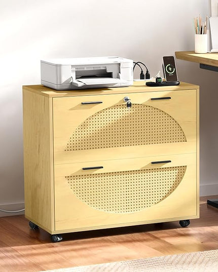 YITAHOME 2 Drawer File Cabinet with Charging Station, Rattan Filing Cabinet with Lock, Wood File Cabinet with Wheels, Home Office Furniture Fits A4, Letter, Legal Size Files - LeafyLoom
