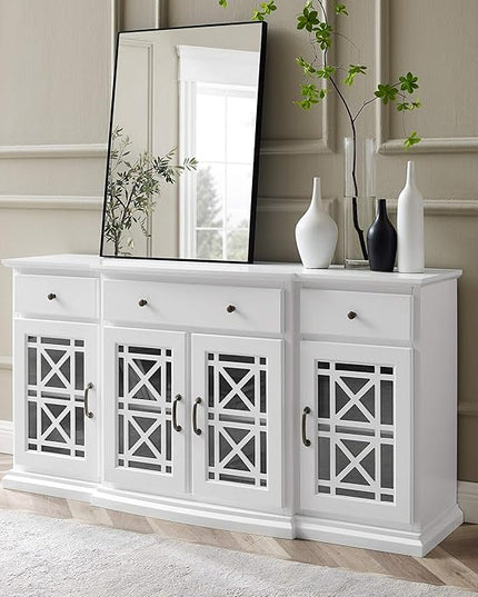 Walker Edison Ronne 4 Door-Sideboard with Fretwork Detail, 60 Inch, White - LeafyLoom