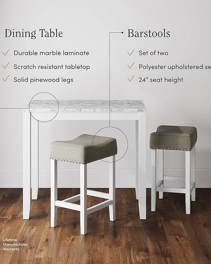 Nathan James Viktor 3 Piece Dining Set, Heigh Kitchen Counter Pub or Breakfast Table with Marble Top and Fabric Wood Base Seat, Light Gray/White - LeafyLoom