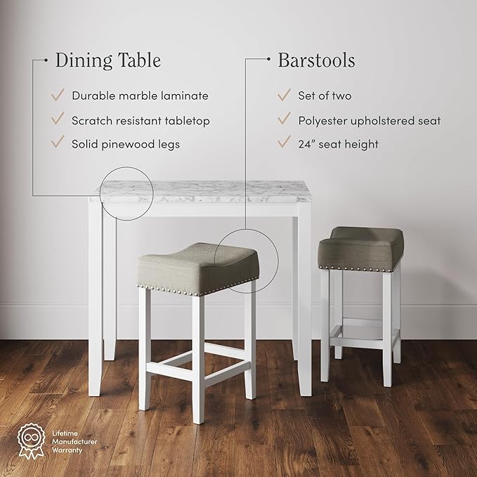Nathan James Viktor 3 Piece Dining Set, Heigh Kitchen Counter Pub or Breakfast Table with Marble Top and Fabric Wood Base Seat, Light Gray/White - LeafyLoom