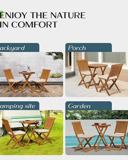 Round Table Heavy Duty 400lbs Capacity Patio Bistro Set 3 Piece Outdoor, Folding Chairs w/Cushion - LeafyLoom