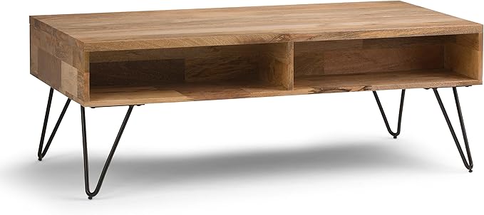 SIMPLIHOME Hunter SOLID MANGO WOOD and Metal 48 Inch Wide Rectangle Industrial Lift Top Coffee Table in Natural, For the Living Room and Family Room - LeafyLoom