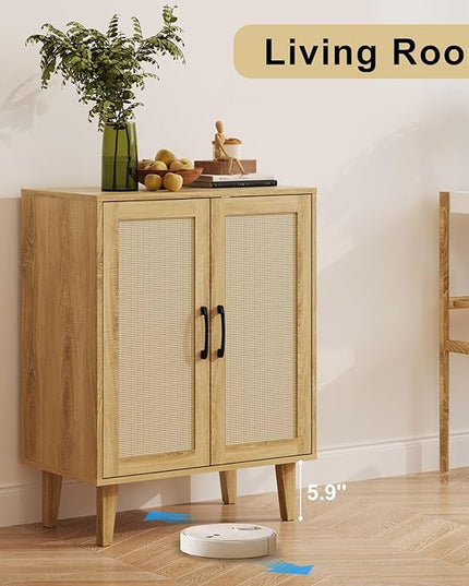 Rattan Decorated Buffet Cabinet - 2 Doors Simple Style Storage Cabinet, Shoe Cabinet with Adjustable Shelves, Sideboard for Kitchen, Living Room, Hallway, Entryway (Natural Wood) - LeafyLoom