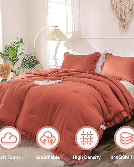 Terracotta Double Ruffle Comforter Set King Size (104x90 Inch), 3 Pcs Farmhouse Vintage Comforter Set (1 Ruffled Comforter and 2 Pillowcase), Rustic All Season Down Alternative Bedding Set - LeafyLoom