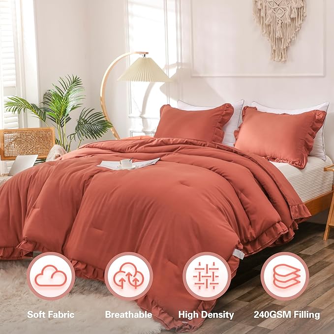 Terracotta Double Ruffle Comforter Set Twin Size (66x90 Inch), 2 Pcs Farmhouse Vintage Comforter Set (1 Ruffled Comforter and 1 Pillowcase), Rustic All Season Down Alternative Bedding Set - LeafyLoom