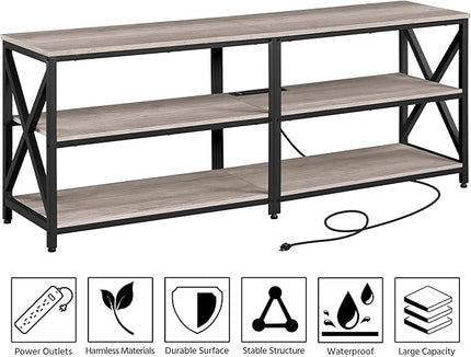 Yaheetech TV Stand with Power Outlet for 75 Inch TV, 3 Tiers TV Storage Cabinet Entertainment Center, Retro 63 Inch Long TV Console Table with Charging Station for Living Room, Gray - LeafyLoom