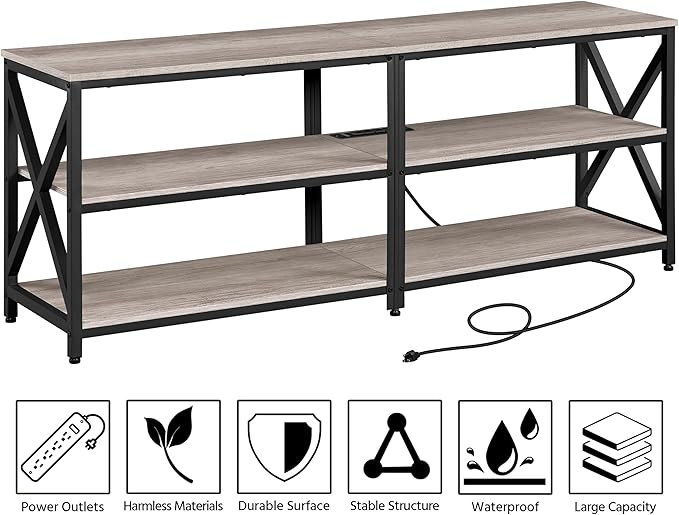 Yaheetech TV Stand with Power Outlet for 75 Inch TV, 3 Tiers TV Storage Cabinet Entertainment Center, Retro 63 Inch Long TV Console Table with Charging Station for Living Room, Gray - LeafyLoom