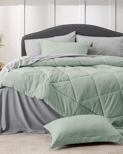 Bedsure Sage Green Full Comforter Set - 7 Pieces Reversible Bed Set Sage Green Bed in a Bag Full with Comforters, Sheets, Pillowcases & Shams, Full Bedding Sets - LeafyLoom