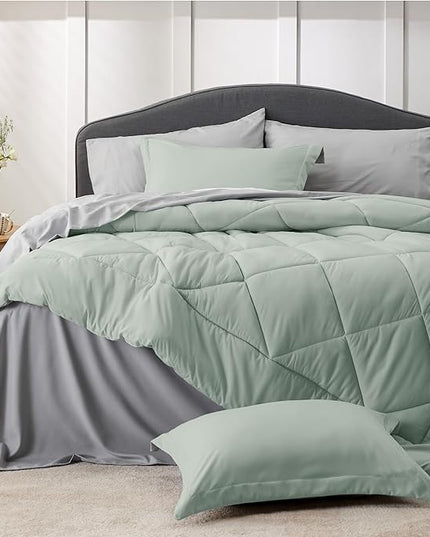 Bedsure Sage Green Twin Comforter Sets - 5 Pieces Reversible Twin Bedding Sets for College, Sage Green Extra Long Bed Set Twin with Comforters, Sheets, Pillowcase & Sham - LeafyLoom