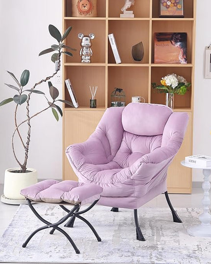 Welnow Lazy Chair with Ottoman, Modern Lounge Accent Chair with Armrests and a Side Pocket, Leisure Upholstered Sofa Chair Set, Reading Chair with Footrest for Small Space - LeafyLoom