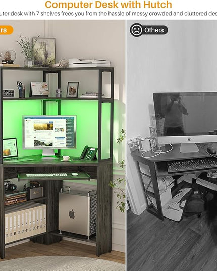 Cyclysio Small Corner Desk with Hutch, Heavy Duty Corner Computer Desk with Power Outlets & LED Light, Triangle Corner Gaming Desk with Keyboard Tray for Home Office, Small Space, Workstation Grey - LeafyLoom