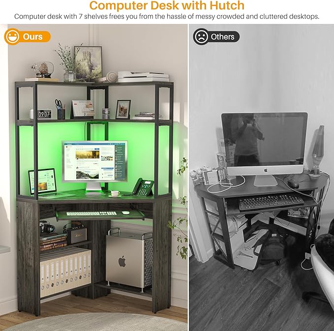 Cyclysio Small Corner Desk with Hutch, Heavy Duty Corner Computer Desk with Power Outlets & LED Light, Triangle Corner Gaming Desk with Keyboard Tray for Home Office, Small Space, Workstation Grey - LeafyLoom