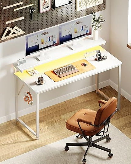 AODK Computer Desk, 48 Inch Gaming Desk with LED Lights and Power Outlet, Office Desk with Adjustable Monitor Shelf (3 Heights), Computer Table Work Desk for Home/Bedroom, White - LeafyLoom